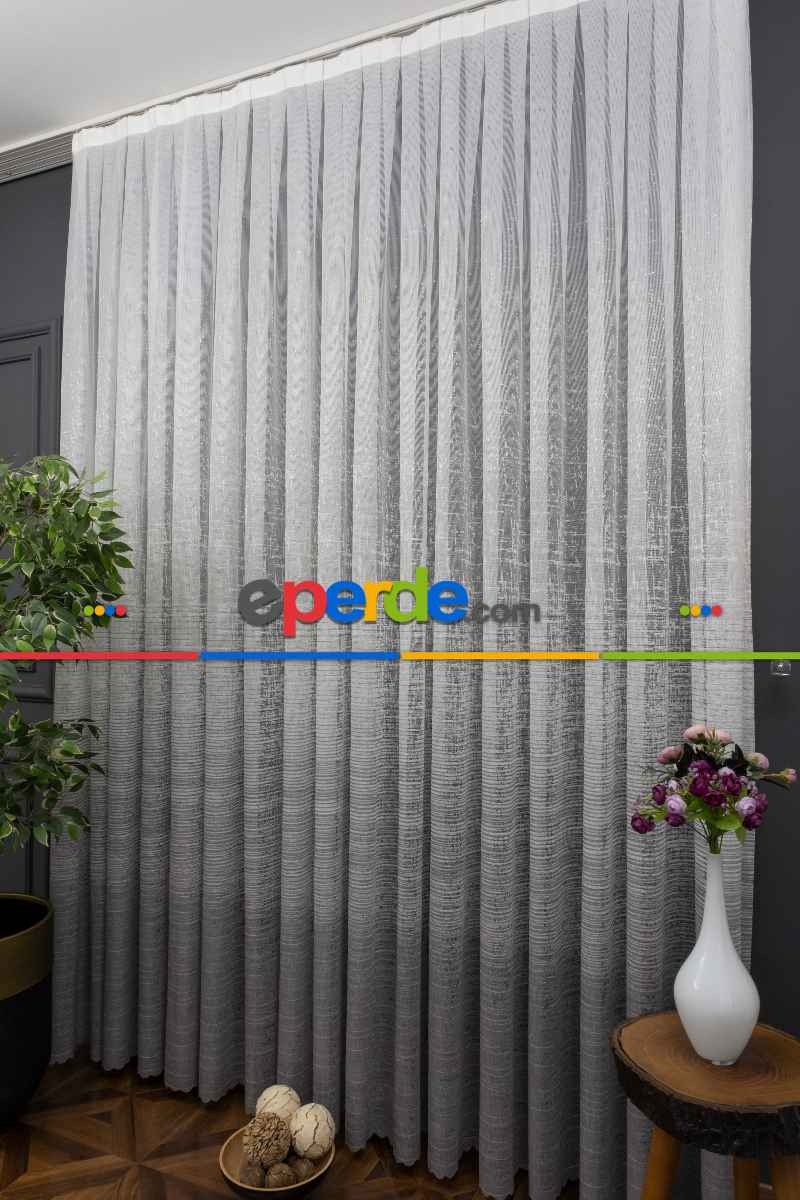 mutfak - Gri Modern Çizgili Örme Tül - Eteği Açık Gri Üstü Ekru Renk ( Degrade Geçişli )