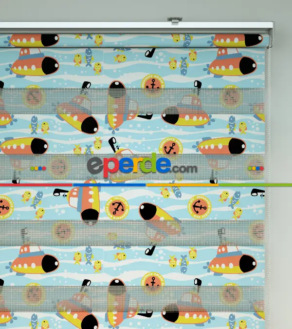 Bebek Odası Zebra Perde - Denizci Desen Baskılı Zebra Perde- Mavi-Sarı-Beyaz