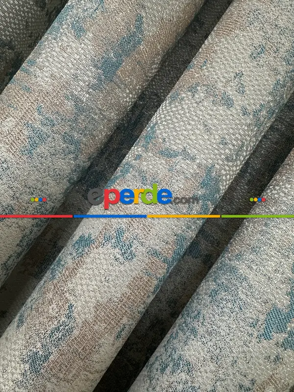 Yatak Odası - PatineDesenli Bej Turkuaz Desenli Jakar Fon Perde (180)- Turkuaz Yeşili Ara Renk