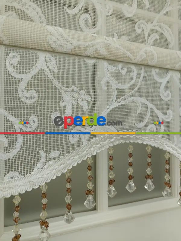 Yeni Sezon!! Çiftli Sistem Tül Stor Perde Ve Stor Perde- Şal Desen Ekru