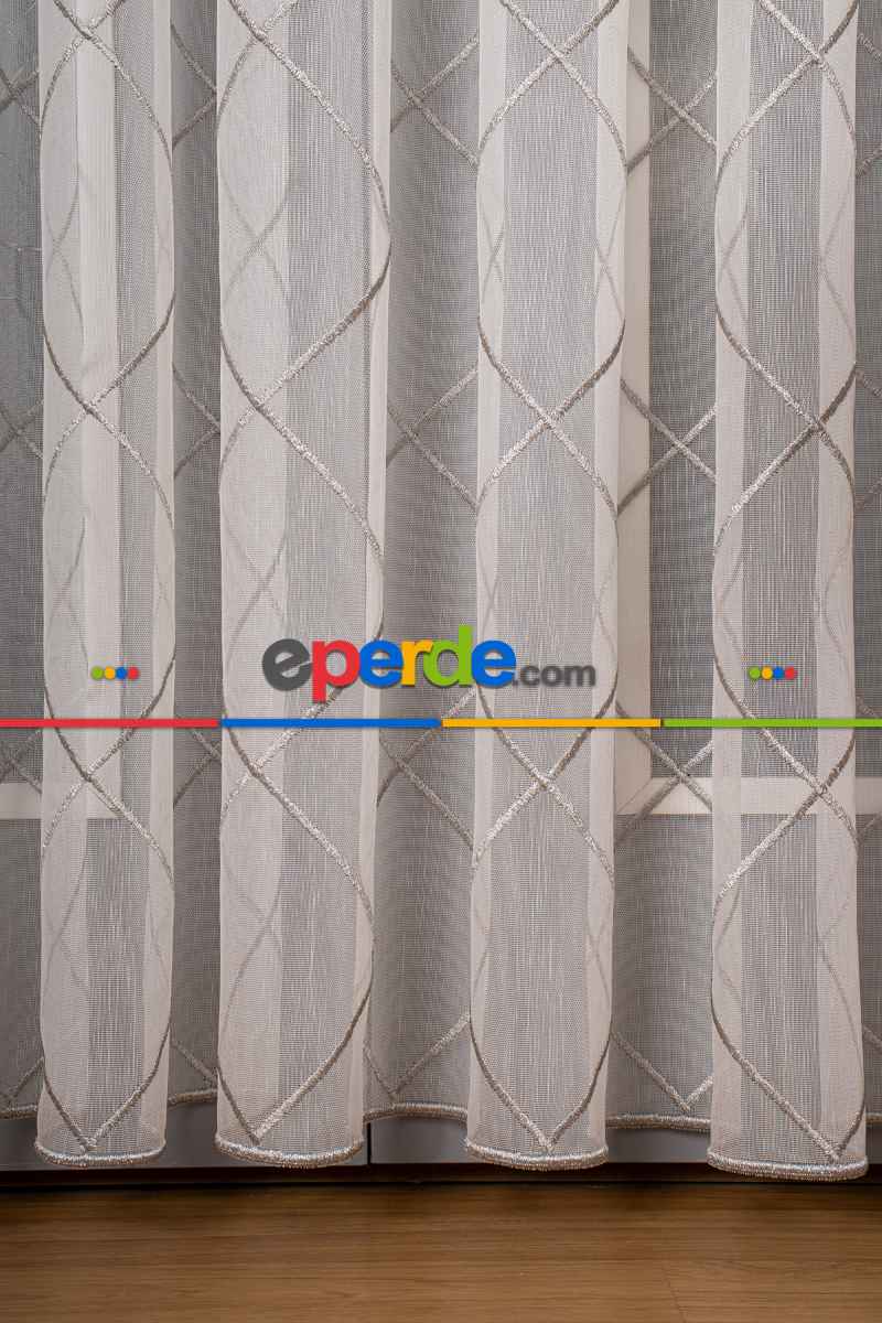 Salon Tül - Geometi Nakış Işlemeli Tül Perde Ekru - Gümüş Simli