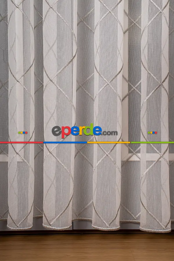 Salon Tül - Geometi Nakış Işlemeli Tül Perde Ekru - Gümüş Simli
