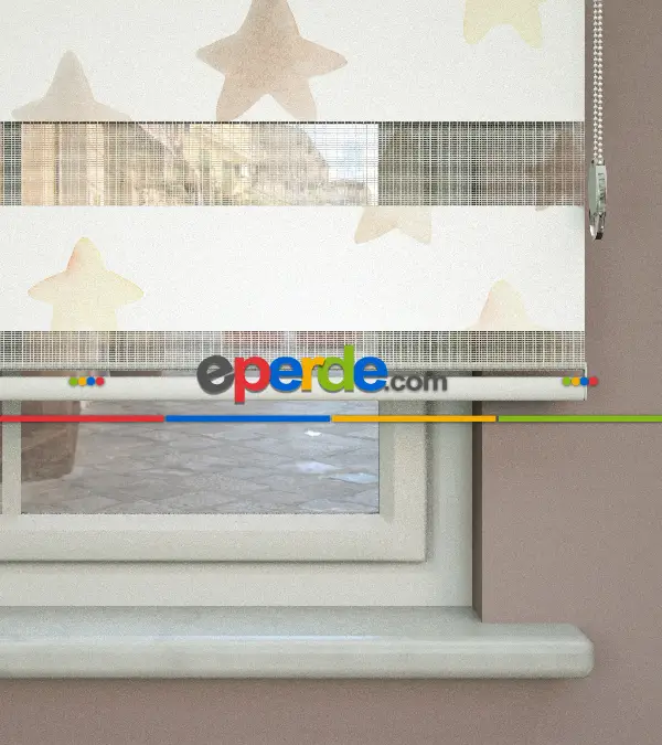 Yıldız Desenli Baskılı Zebra Perde- Çok Renkli