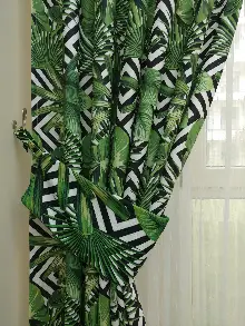 Tropikal Yaprak Desenli Fon Perde - Kumaşı Kalındır Duck Bezi Değildir- Siyah-Yeşil-Beyaz