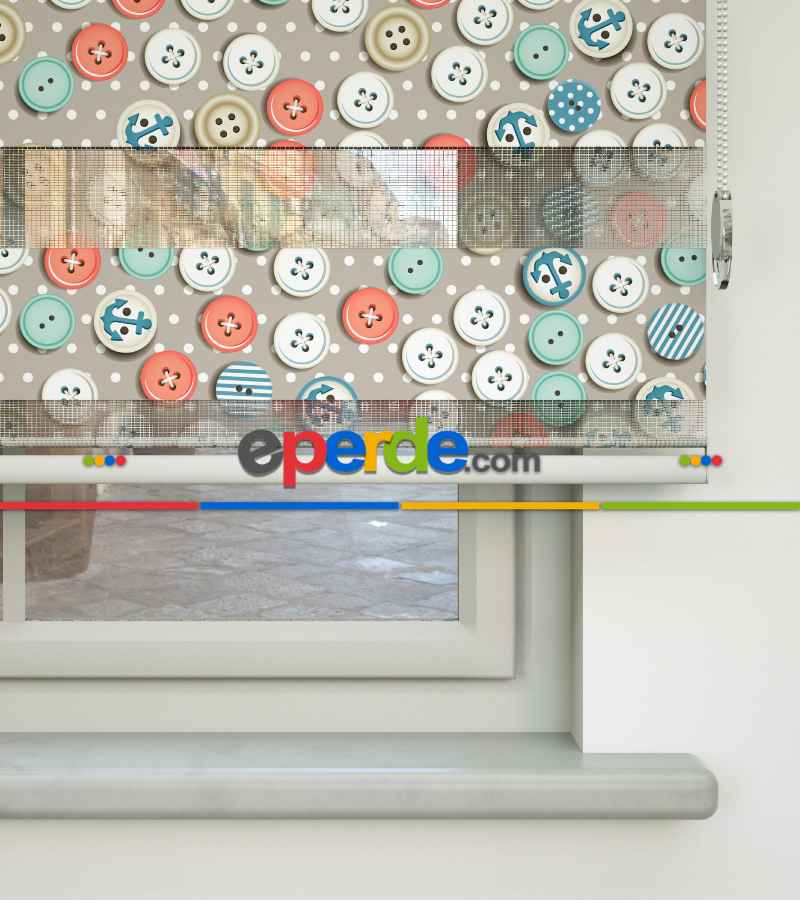 Renkli Düğmeler Baskılı Zebra Perde- Mavi-beyaz-turuncu-su Yeşili