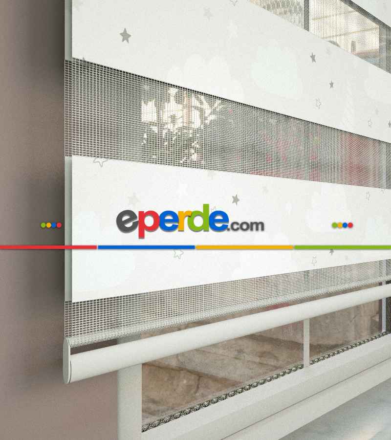 Bulut Desenli Baskılı Zebra Perde- Çok Renkli