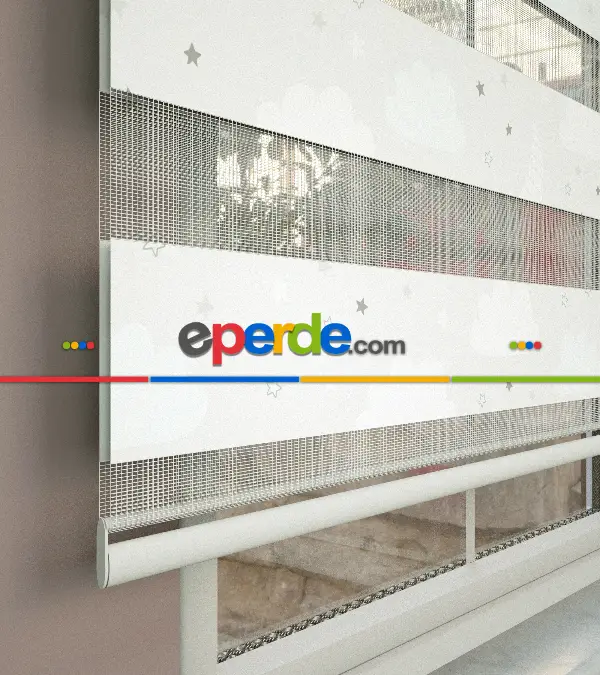 Bulut Desenli Baskılı Zebra Perde- Çok Renkli