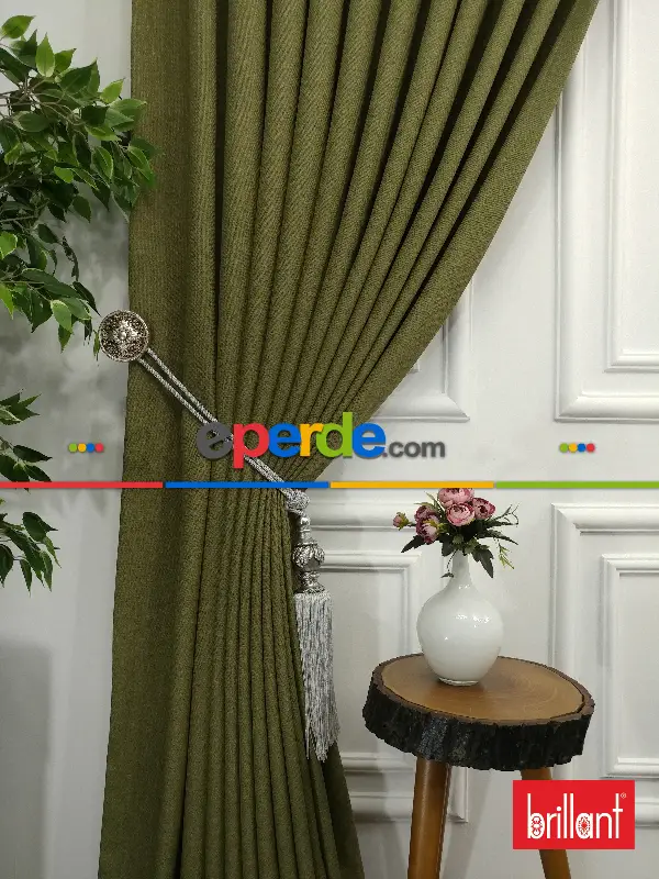 Yatak Odası - Brillant Keten Yeşil Renk Düz Fon Perde - Yeşil