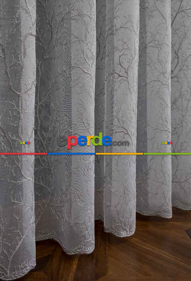 Oturma Odası - Selvi Ağaç Desenli İşlemeli Tül Perde - Açık Krem