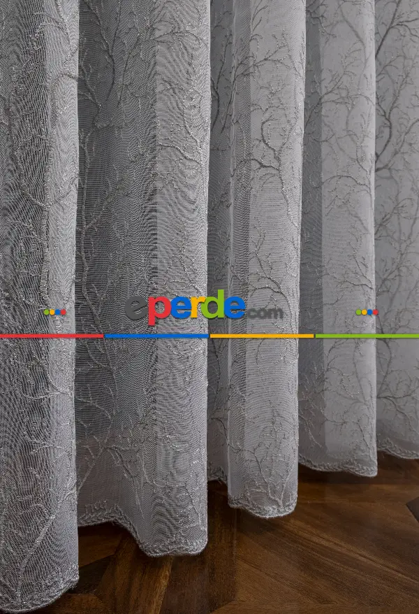 Salon - Selvi Ağaç Desenli İşlemeli Tül Perde - Açık Krem