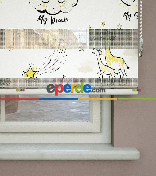 Bulut Desenli Baskılı Zebra Perde- Çok Renkli