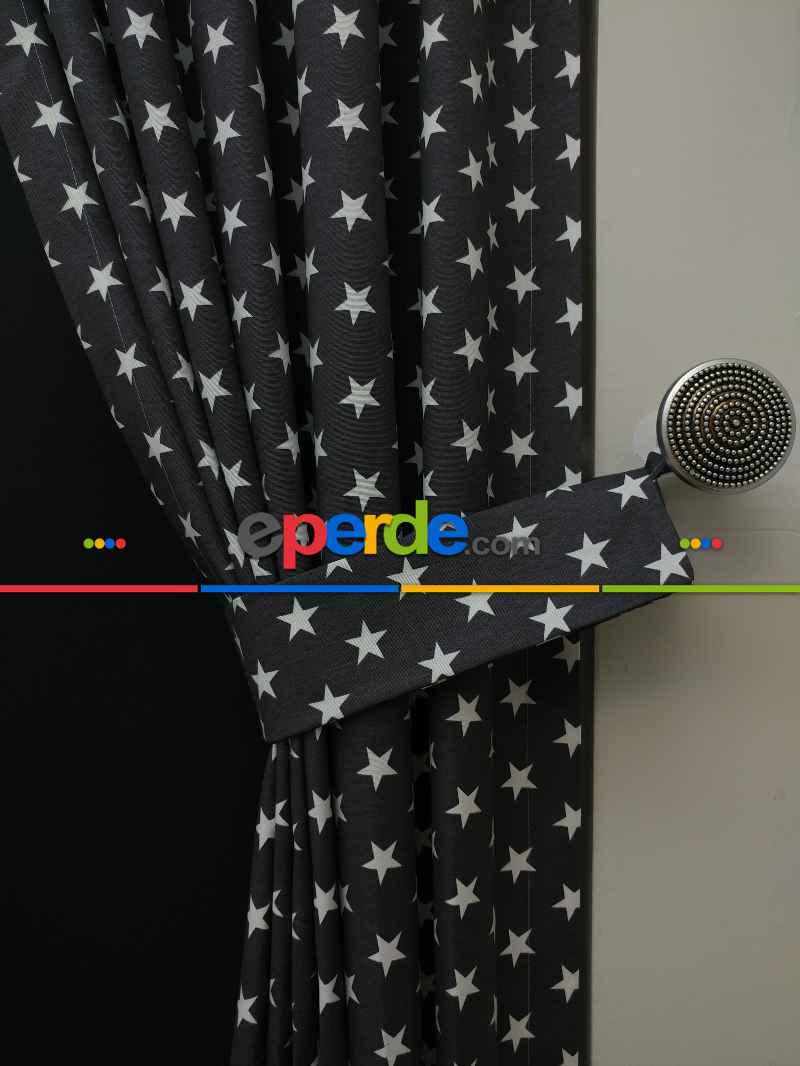 Siyah-beyaz Yıldız Desenli Fon Perde ( Leke Tutmaz )- Siyah-beyaz