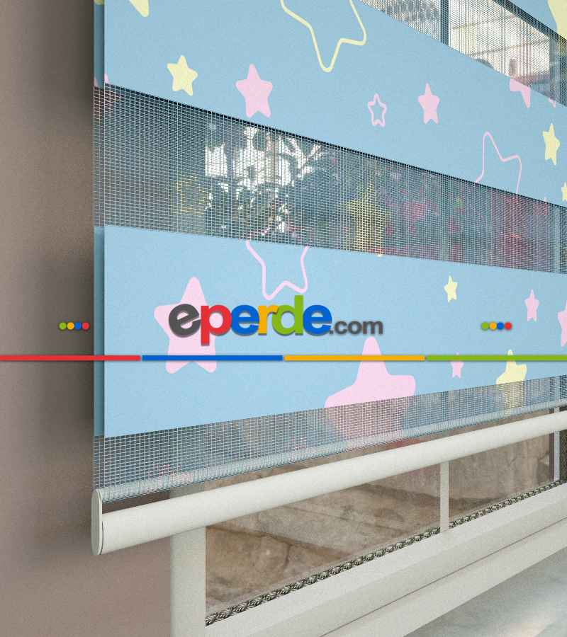 Yıldız Desenli Baskılı Zebra Perde- Çok Renkli