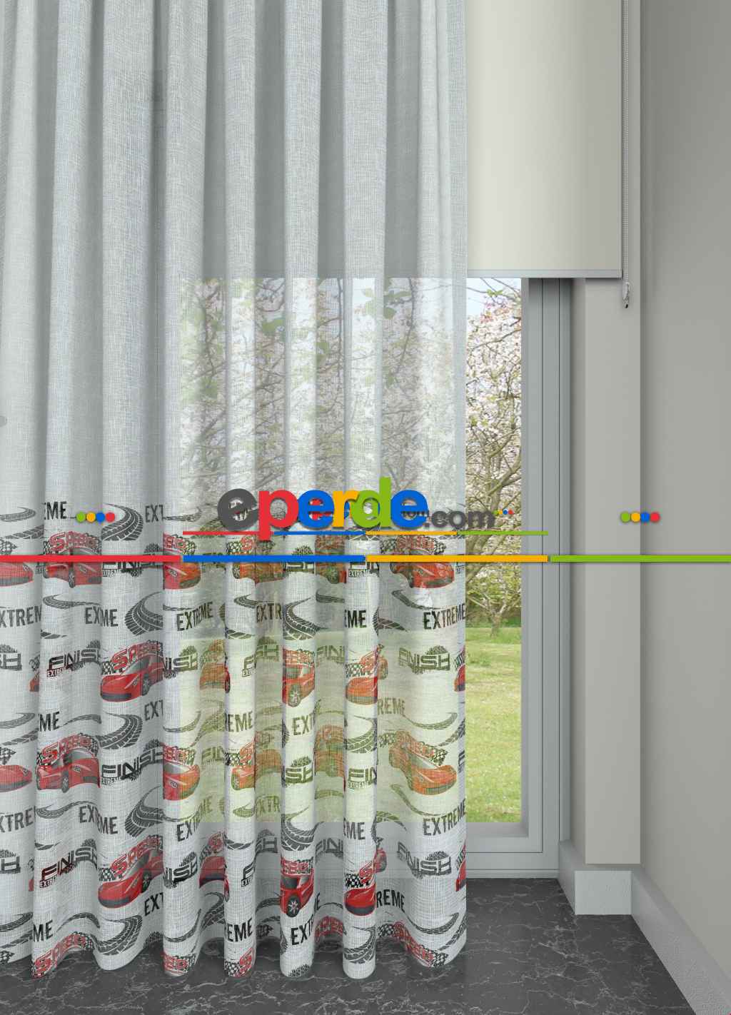 Fırsat Ürünü!! Kırmızı Araba Desenli Keten Zemin Baskılı Renkli Pilesiz Tül Perde - Erkek Çocuk Odası