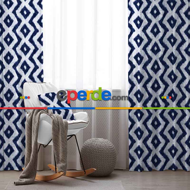 Oturma Odası Fon Perde Evim1025 Kumaşı Kalındır Duck Bezi Değildir- Mavi-beyaz