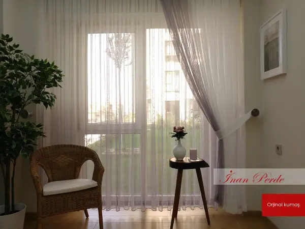 Degrade Renk Geçişli Fransız Danteli Düz Tül Perde ( Fon Satın Alarak Kombin Yapılabilir )- Gri Açık-Ekru