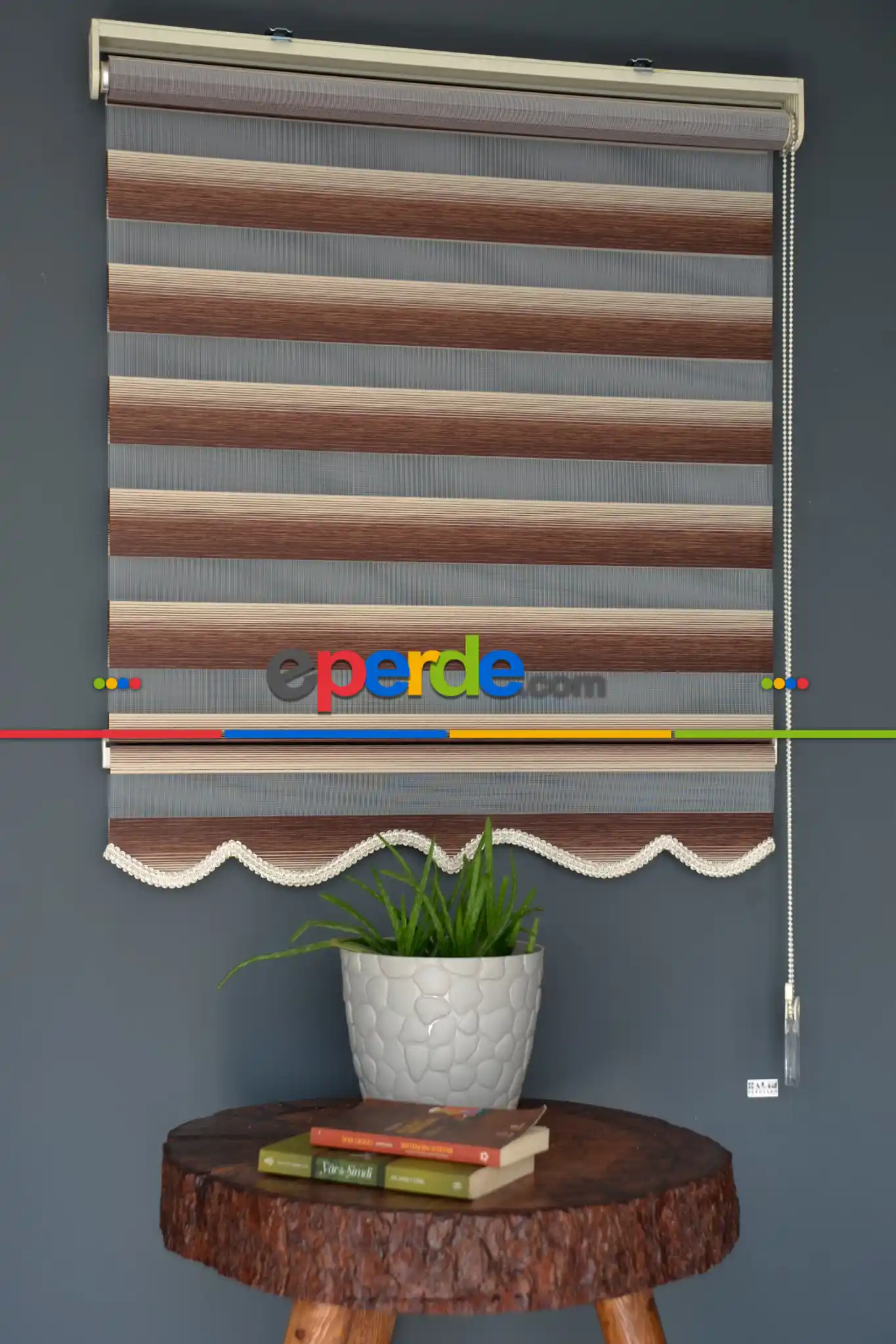 Halim Perdesan Yz-04 Krem & Koyu Kahverengi Renk Etekli Veya Eteksiz Zebra Stor Perde