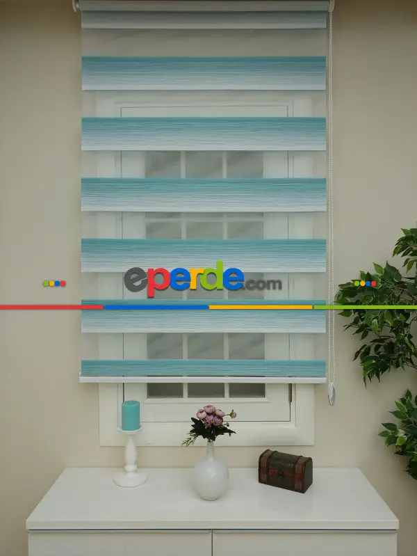 Salon Zebra Perde - Zebra Perde -turkuaz Geçişli Pileli Zebra (kalın Doku Zeminli)- Turkuaz Yeşili Ara Renk