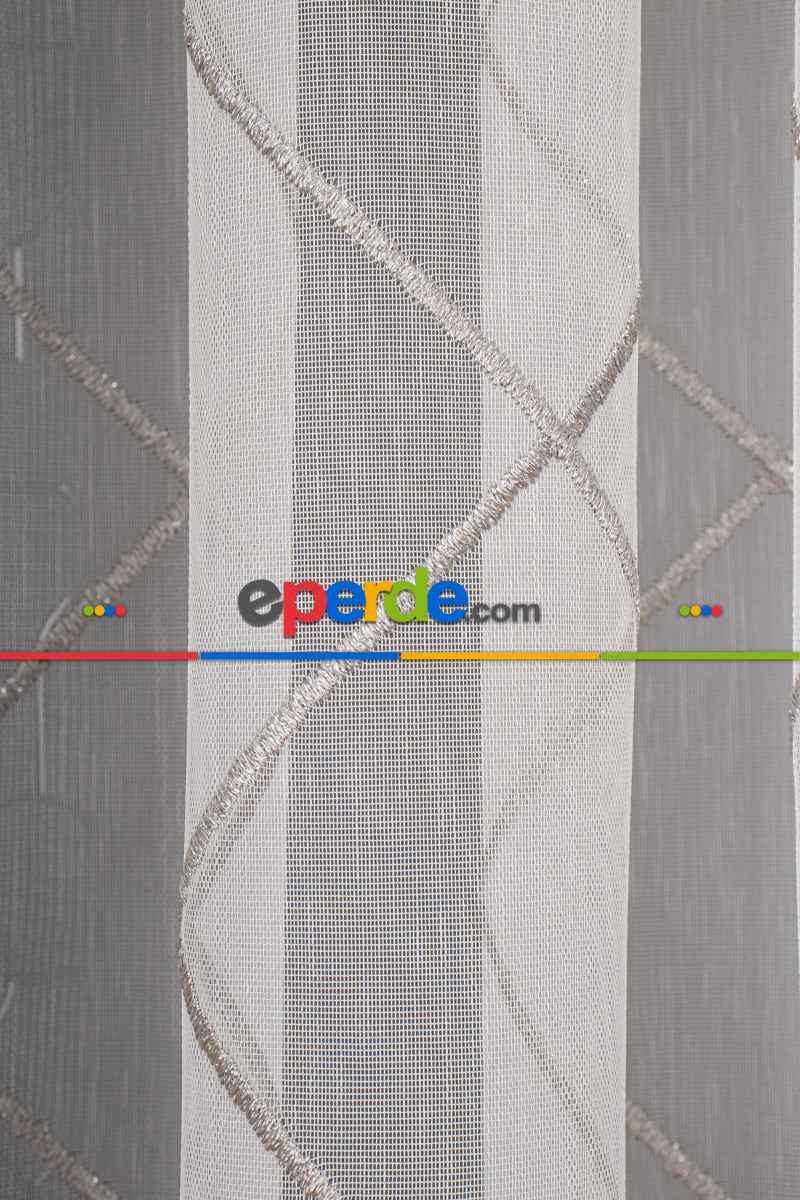 Salon Tül - Geometi Nakış Işlemeli Tül Perde Ekru - Gümüş Simli