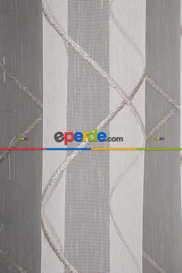 Salon Tül - Geometi Nakış Işlemeli Tül Perde Ekru - Gümüş Simli