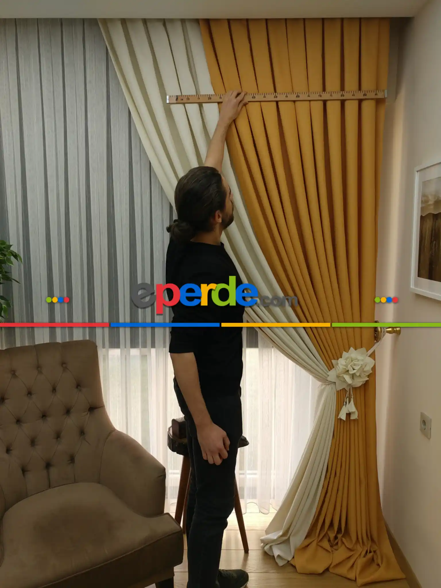 Salon Fon Perde - Hardal Sarı Krem Renk Kombinli Jakar Desenli Fon Perde- Krem