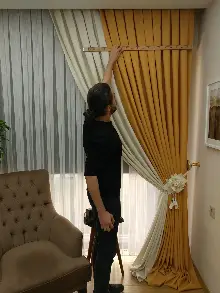 Salon Fon Perde - Hardal Sarı Krem Renk Kombinli Jakar Desenli Fon Perde- Krem