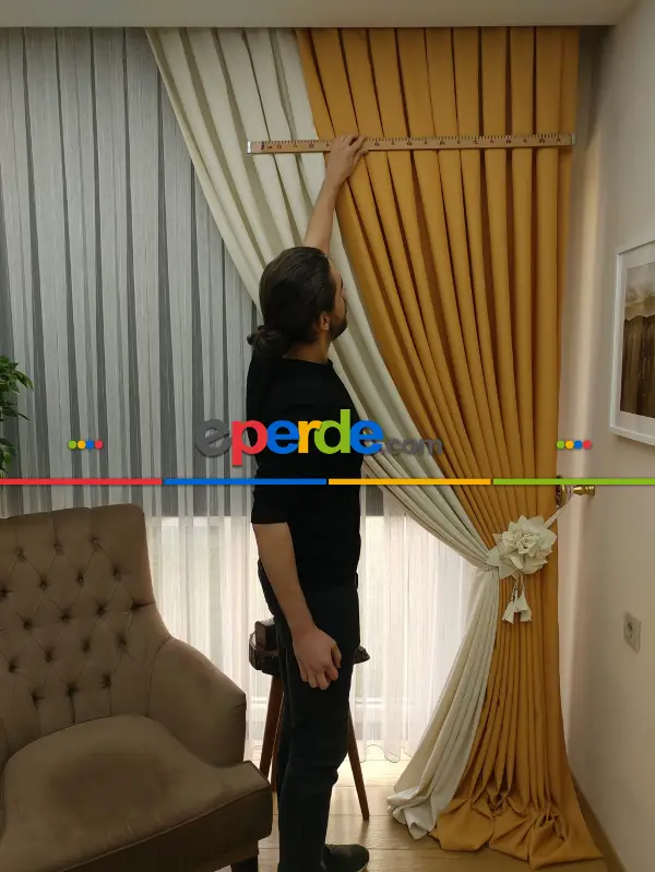 Salon Fon Perde - Hardal Sarı Krem Renk Kombinli Jakar Desenli Fon Perde- Krem