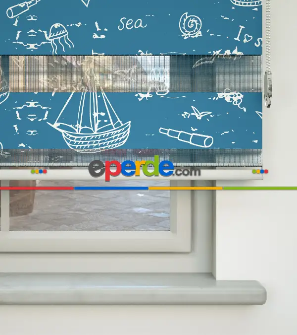 Bebek Odası Zebra Perde - Gemi Baskılı Zebra Perde- Mavi-Beyaz