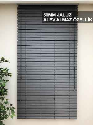 50mm Gri Ahşap Efektli Jaluzi Perde Alev Almaz Özellik- Gri-füme-antrasit