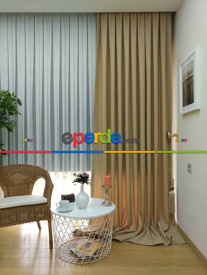 Yatak Odası - Keten Açık Be Rengi Düz Fon Perde- Taş Rengi