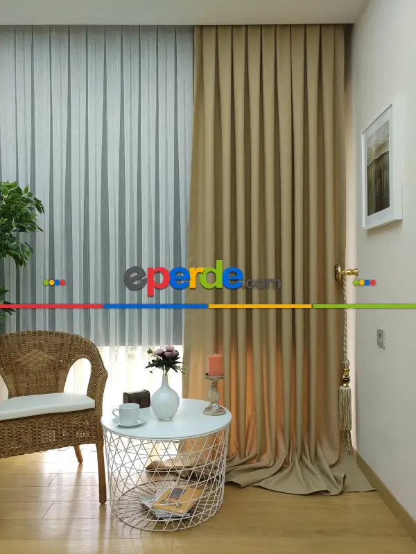 Salon Fon - Keten Açık Be Rengi Düz Fon Perde- Taş Rengi