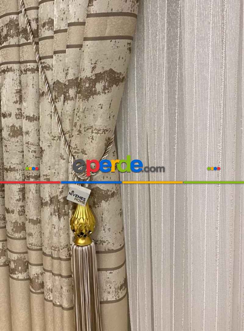 Oturma Odası - Salon Fon Perde - Nivemeshome Greek Gold Fitilli 1/3 Sık Pileli Tül Perde 100cm X 250cm 