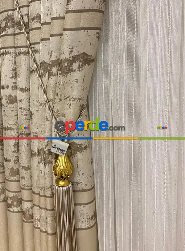 Nivemeshome Greek Gold Fitilli 1/3 Sık Pileli Tül Perde 100cm X 250cm 