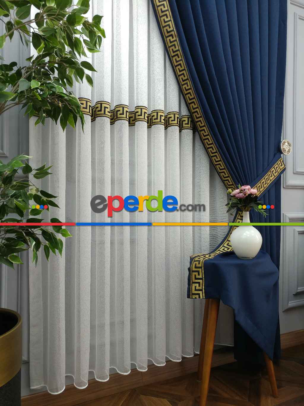 Modern Bordürlü Salon Fon Perdesi İkon 2021 Elıte- Siyah-lacivert-hardal Sarısı