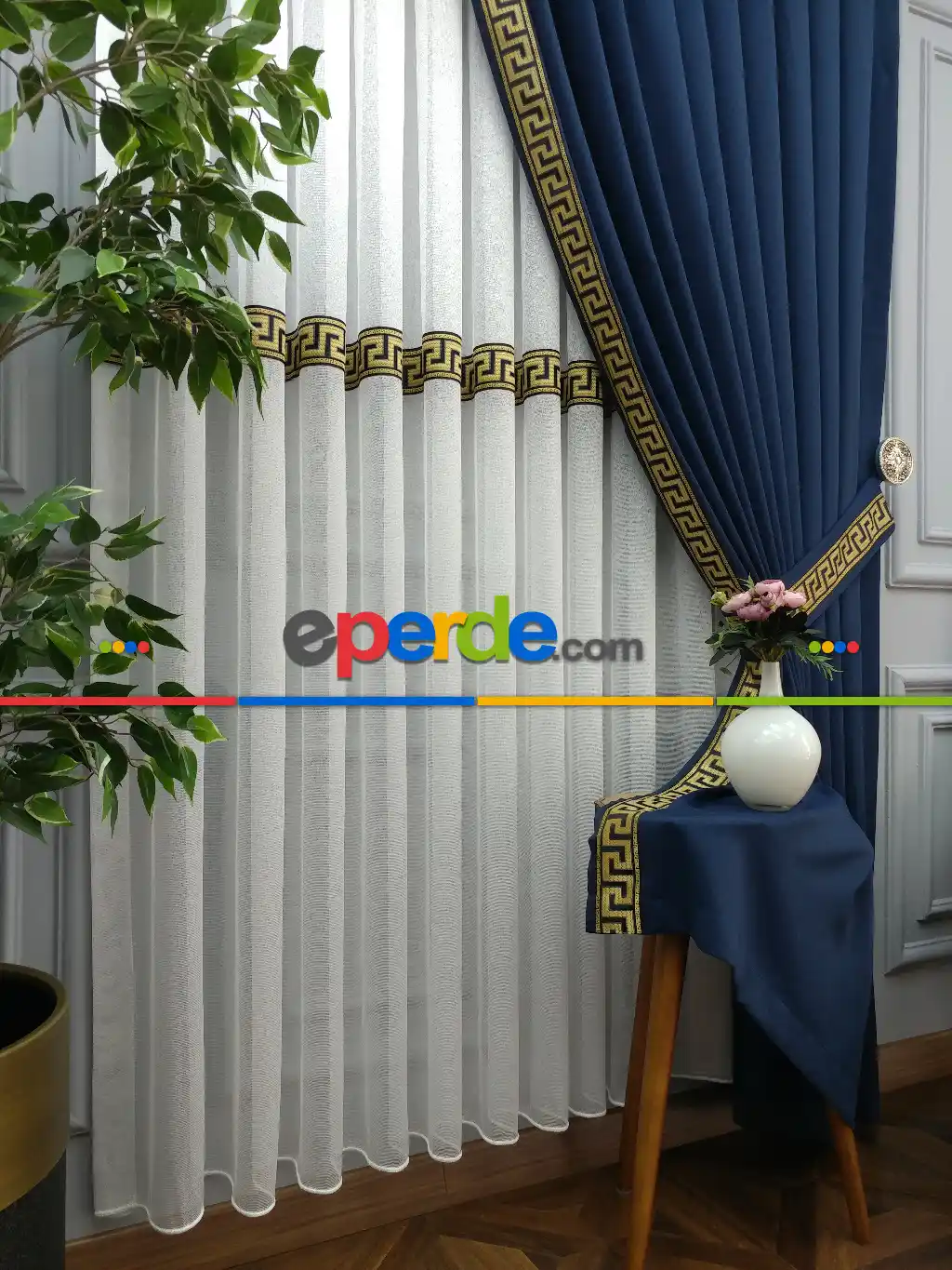 Modern Bordürlü Salon Fon Perdesi İkon 2021 Elıte- Siyah-lacivert-hardal Sarısı