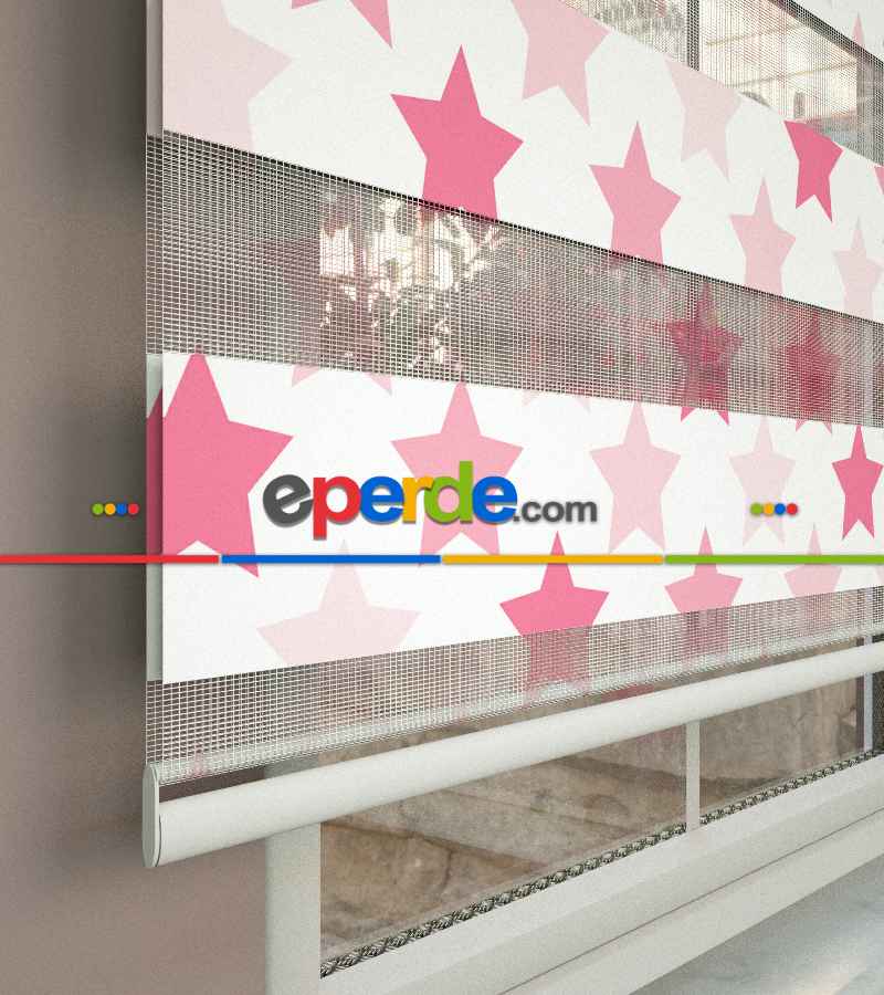 Yıldız Desenli Baskılı Zebra Perde- Pembe-çok Renkli