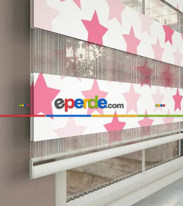 Yıldız Desenli Baskılı Zebra Perde- Pembe-Çok Renkli