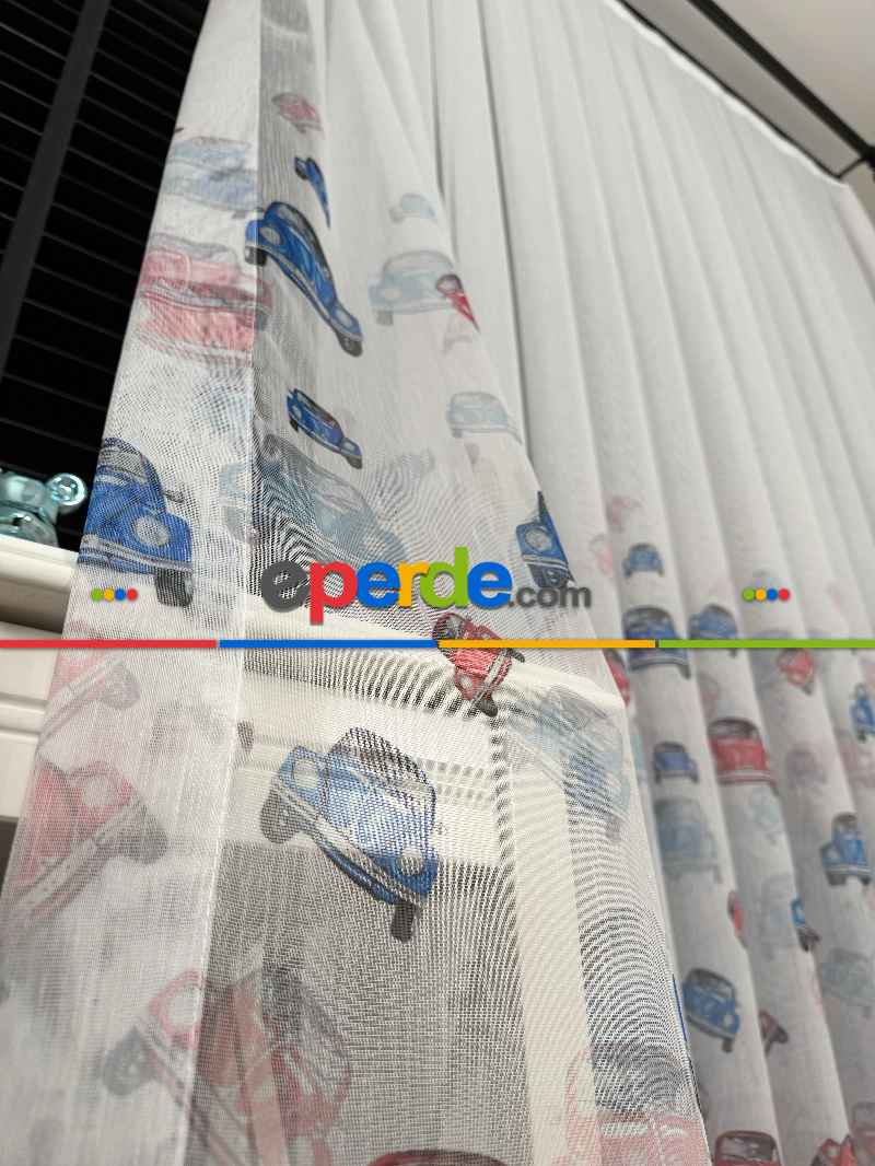 Çok Renkli Araba Desen Baskılı Tül Perde, Çocuk-bebek Odası, Premium Seri