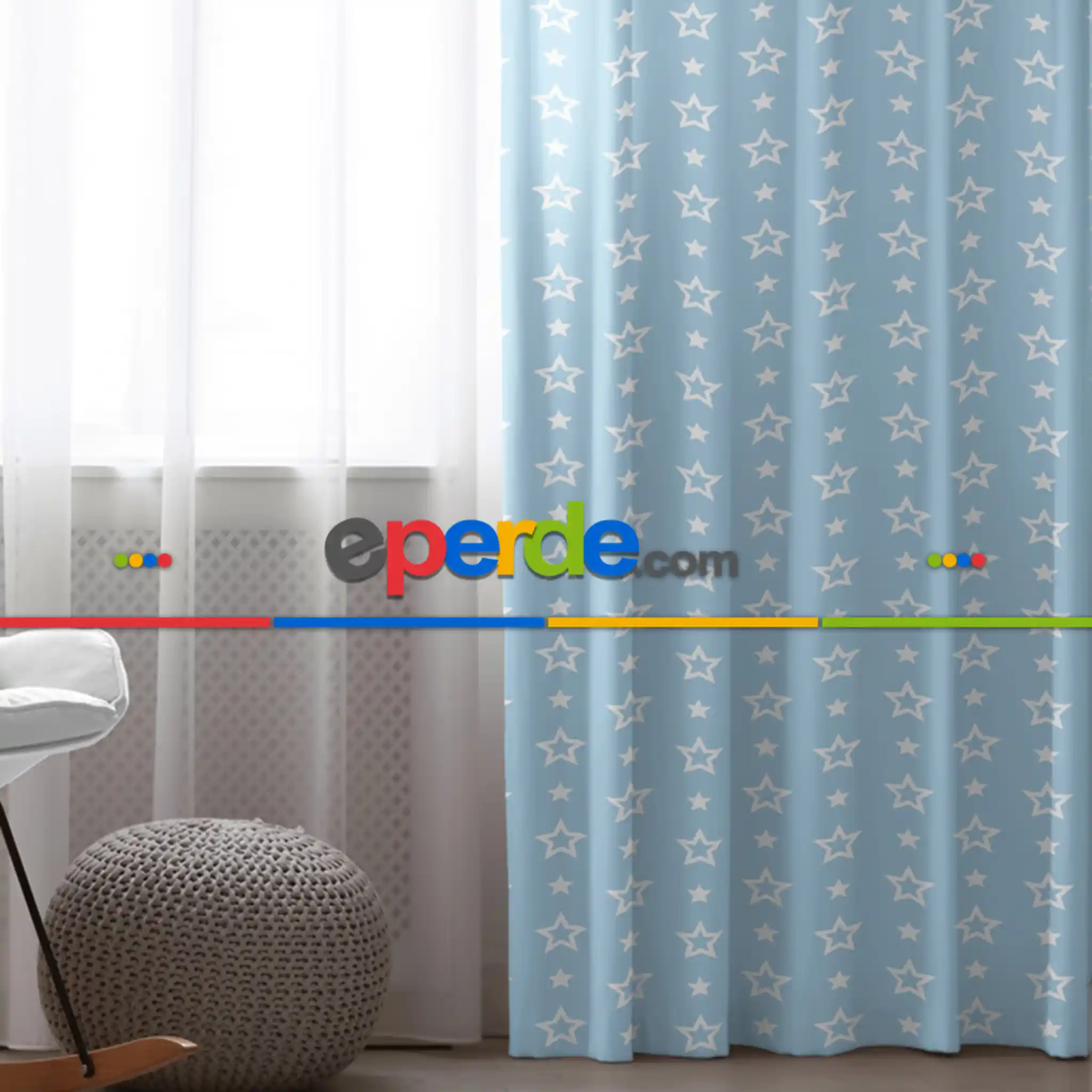 Erkek Çocuk ve Bebek Odası Fon Perde - Yıldız Desenli - Mavi Beyaz