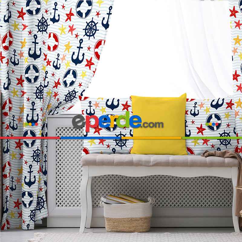 Çapa Desenli Fon Perde Evim932 Kumaşı Kalındır Duck Bezi Değildir- Mavi-beyaz