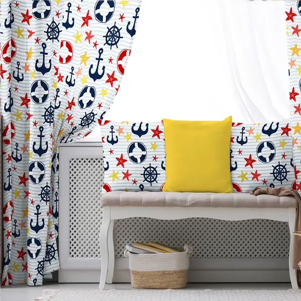 Çocuk Odası - Çapa Desenli Fon Perde Evim932 Kumaşı Kalındır Duck Bezi Değildir- Mavi-beyaz