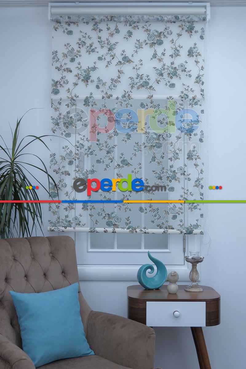 Çiçek Desenli Yakma Tül Çiftli Sistem İkili Perde Turkuaz- Turkuaz