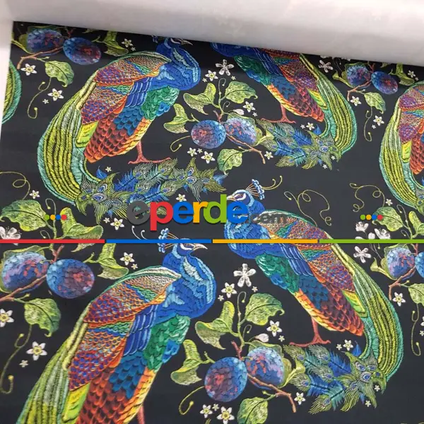 Tavuskuşu Desenli Fon Perde Evm315 -t - Kumaşı Kalındır Duck Bezi Değildir.- Siyah-Yeşil-Mavi-Çok Renkli