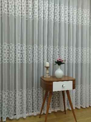 mutfak - Sıralı Desenli Dantel Örme Tül Perde - Ekru Renk- Ekru