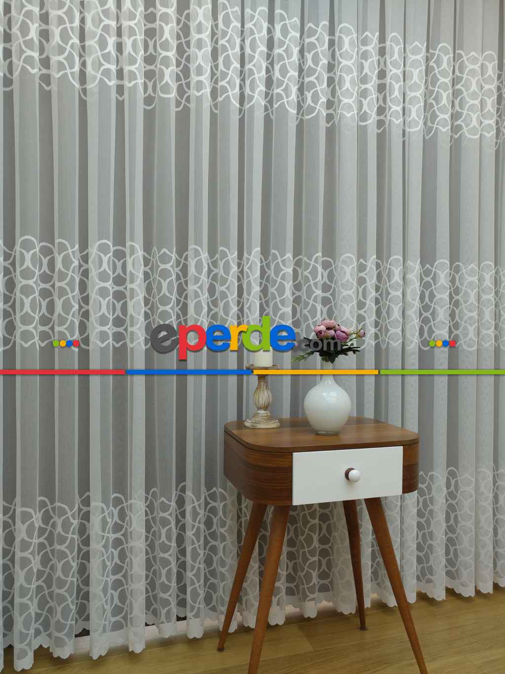 mutfak - Sıralı Desenli Dantel Örme Tül Perde - Ekru Renk- Ekru