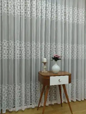 Sıralı Desenli Dantel Örme Tül Perde - Ekru Renk- Ekru