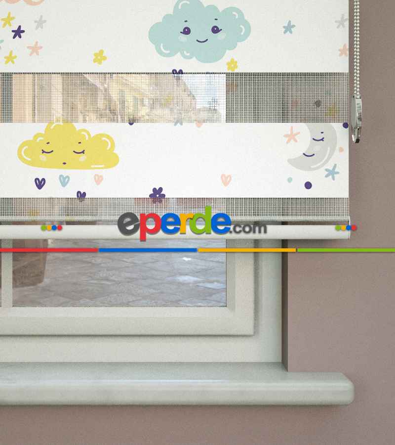 Bulut Desenli Baskılı Zebra Perde- Çok Renkli