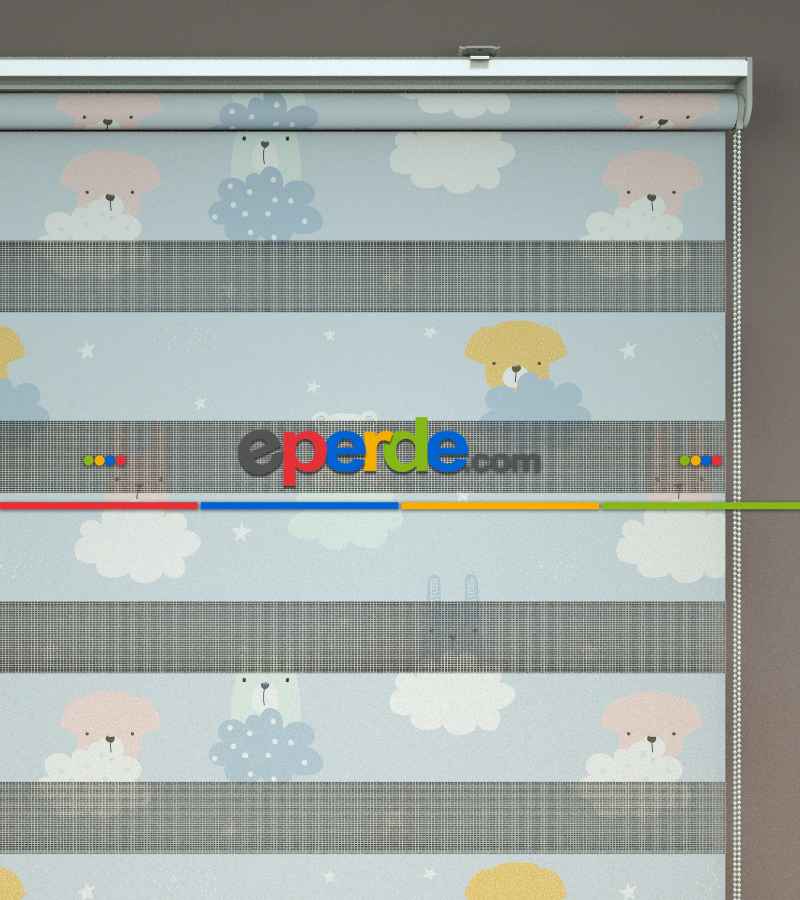 Bulut Desenli Baskılı Zebra Perde- Çok Renkli