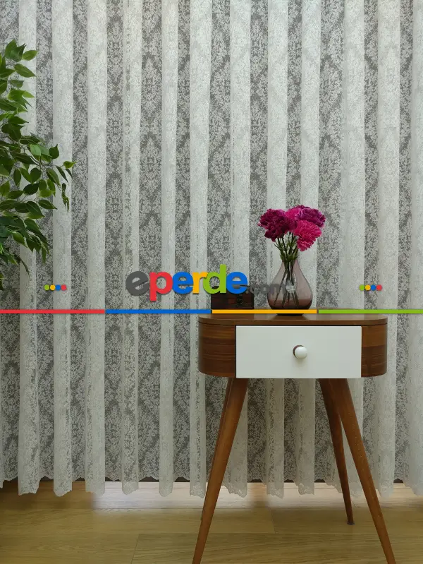 Kdk Örme Dantel Damask Desenli Tül Perde - Krem - Ekru