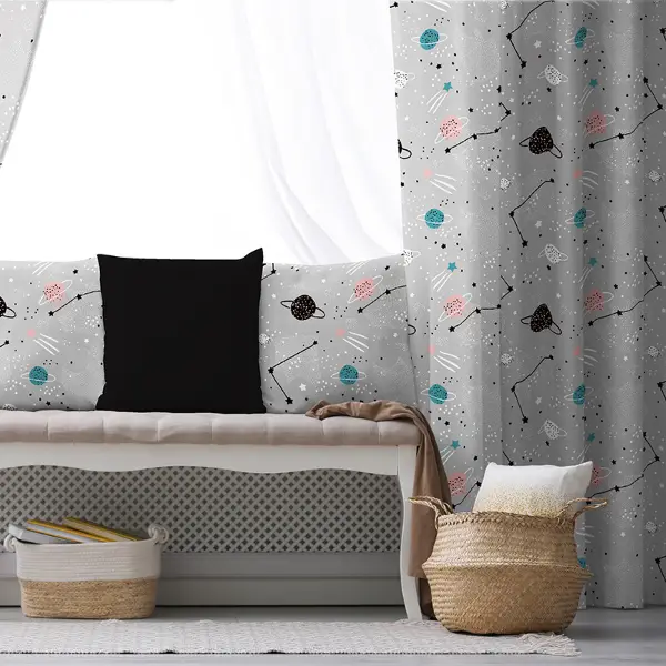 Çocuk Odası - Gezegen Desenli Fon Perde Evim497 Kumaşı Kalındır Duck Bezi Değildir- Mavi-beyaz